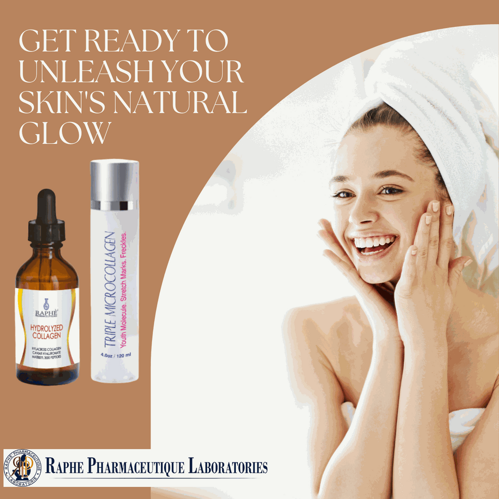 Hydrolyzed Nano-Collagen Peptide serum bottles with smiling woman applying skincare and towel head wrap