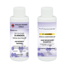 A kit of 60ml 5% Minoxidil Solution with Panthenol Vitamin E Caffein & 30 Cts Minoxidil Satchets For Nighttime