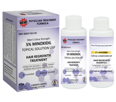 A kit of 60ml 5% Minoxidil Solution with Panthenol Vitamin E Caffein & 30 Cts Minoxidil Satchets For Nighttime
