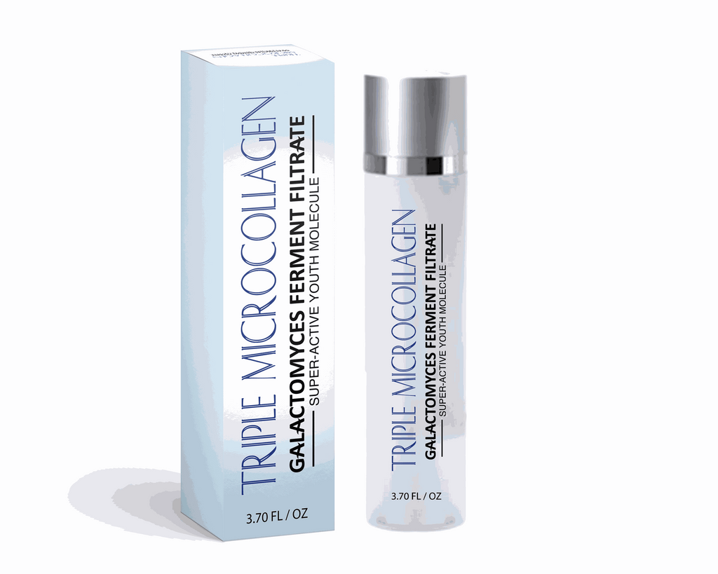 Triple Collagen Microcollagen Galactomyces Ferment Filtrate anti-aging serum with vitamins and amino acids in 3.7 fl oz bottle and box