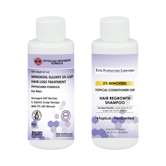 A kit of 60ml 5% Minoxidil Solution with Panthenol Vitamin E Caffein & 30 Cts Minoxidil Satchets For Nighttime