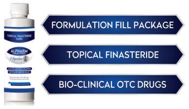 Finasteride topical alternative bottle with formulation details and bio-clinical OTC drug labels