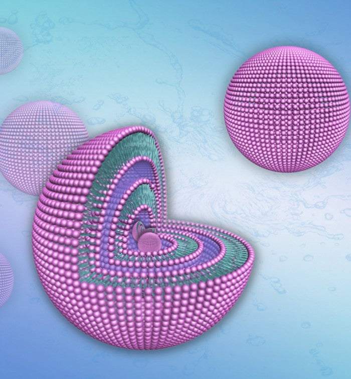 Skin whitening ingredient tyrosinase inhibitor enzymes in pink molecular spheres on blue background